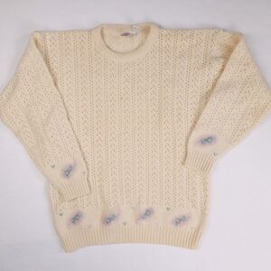 J.G. Hook Vintage Wool Cream Pointelle Needlepoint Embroidered Sweater Medium